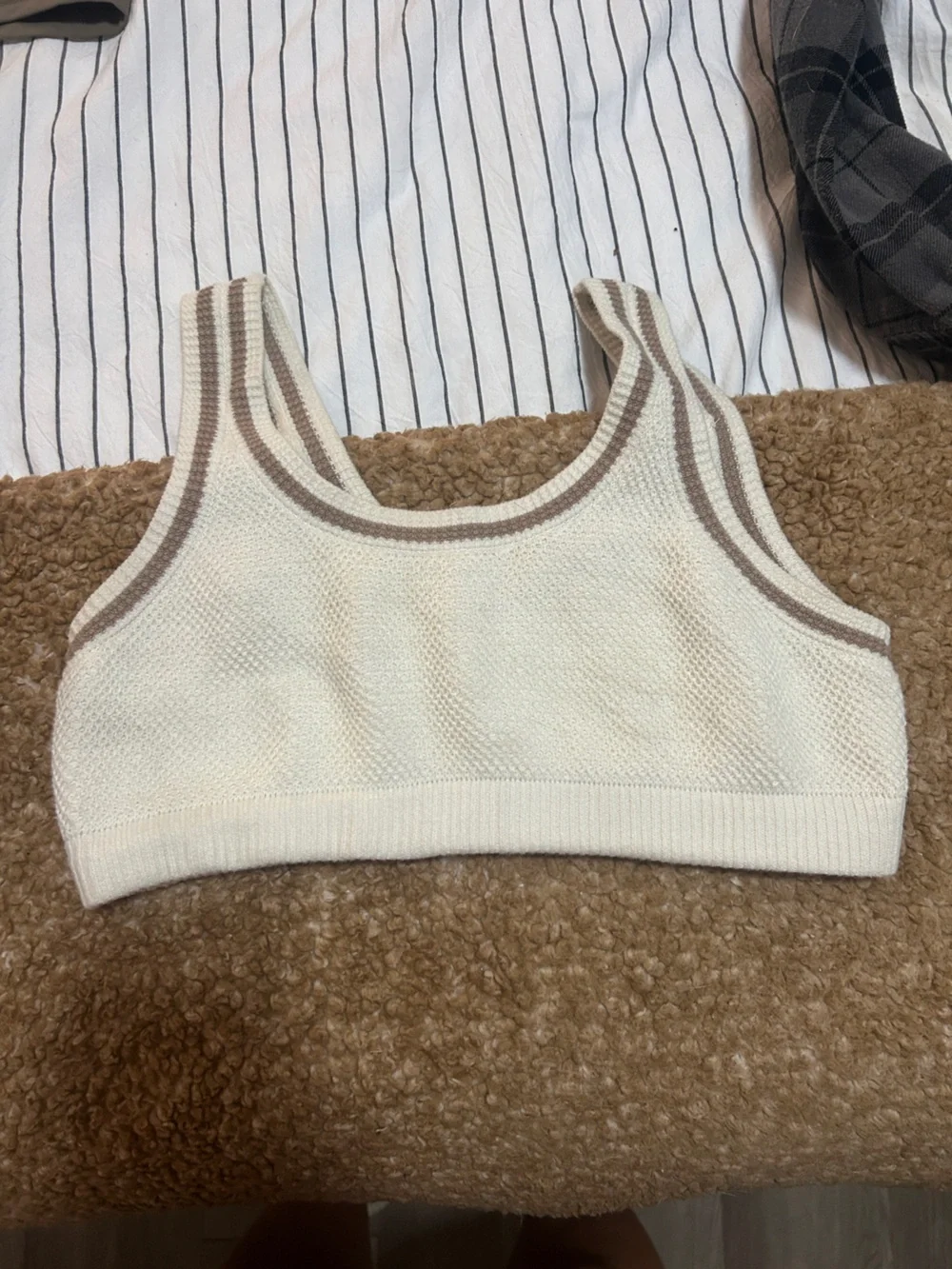 ALO Yoga Cream Ribbed Cropped Tank with Taupe Stripe Trim